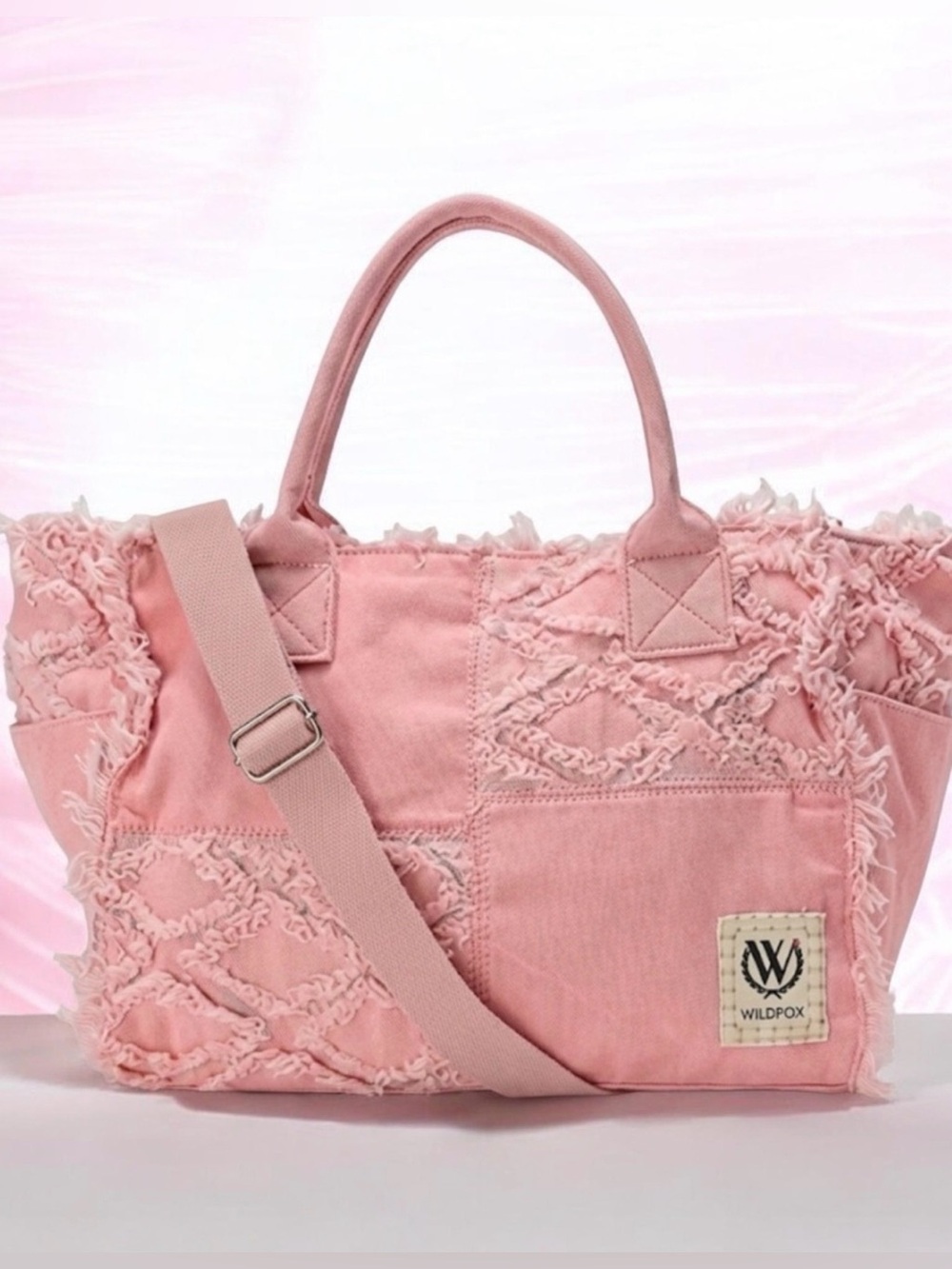 Wildfox Blush Pink Frayed Patchwork denim Tote with Crossbody Strap